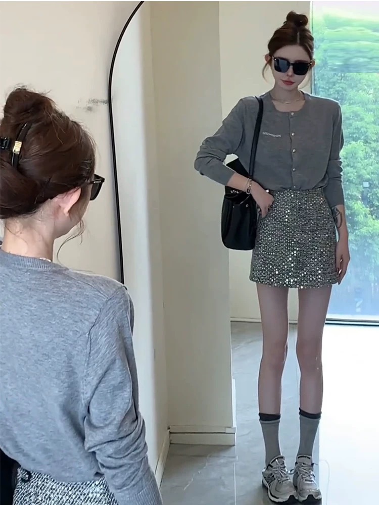 Beaded Mini Skirt Elegant Grey High Waisted Tweed 13 8e7bac1a ec35 40d3 a311 fa34c41cc182