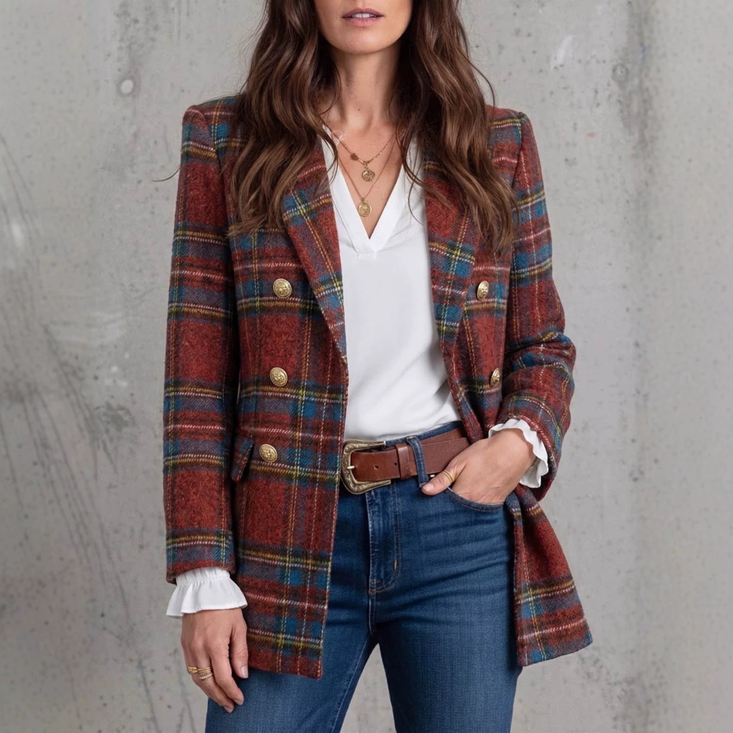 Double-breasted Metal-button Lapel Plaid Woolen Loose-fitting Suit