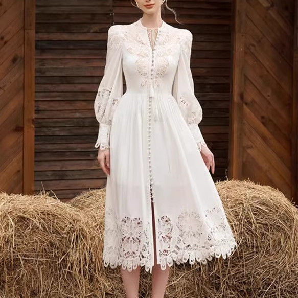 White Lace Flower Embroidery Hollow-out Lantern Long Sleeve Lace-up Single-breasted… — image 1