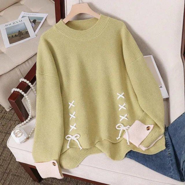 Women's French Style Bow Drawstring Knitted Sweater Green - Shop at LoveMi