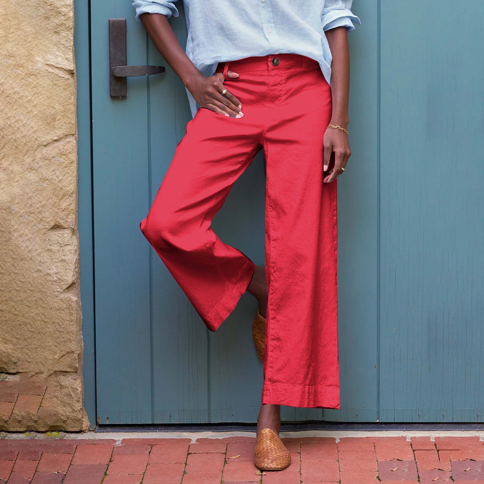 European And American Style High-Waisted Solid Color Cropped Flared Loose Wide-Leg Womens Trousers With Buttons