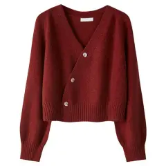 Loose Casual Women's Cardigan Sweater Coat - Wine Red - View 1