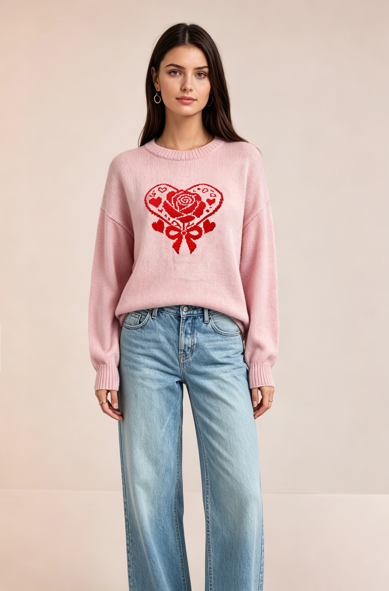 AutumnWinter European And American-style Knitted Sweater With A Heart Design