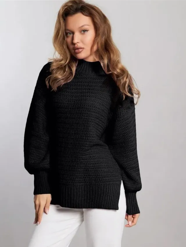 Pullover Long Sleeve Split Bottoming Sweater Black - Shop at LoveMi