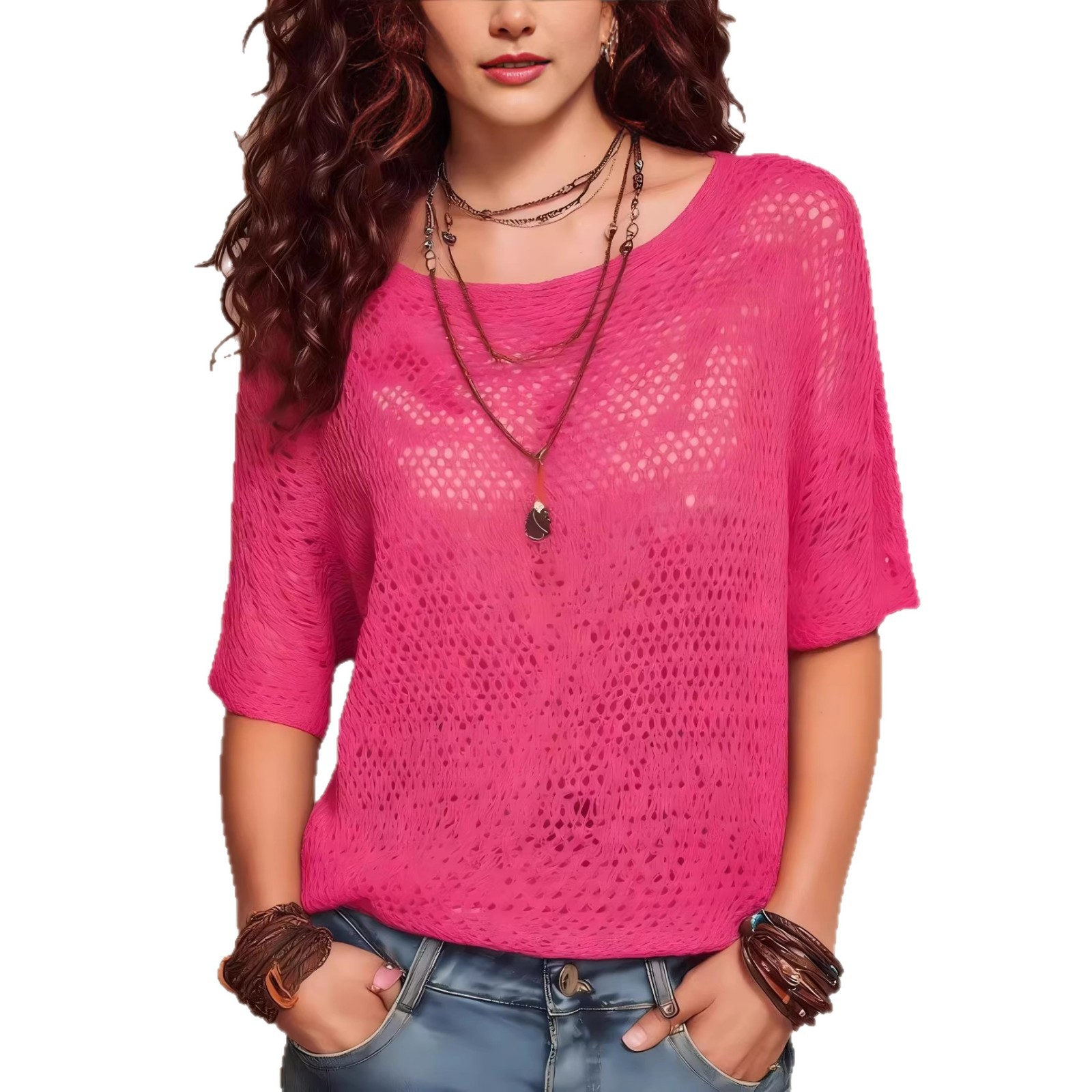 Womens Short-sleeve Knitted Openwork Beach Tunic