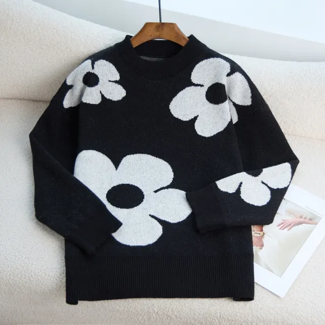 Multi Color Flower Knitted Brocade Sweater Women Black - Shop at LoveMi