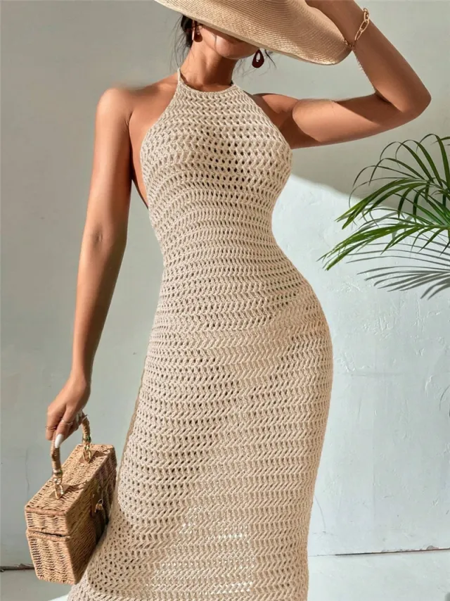 Slim Fit Backless Lace up Backless Knitted Dress Sweater Khaki - Shop at LoveMi