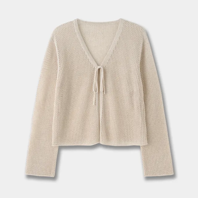 Pure Color Slimming V neck Lace up Hollow Knitted Cardigan Beige - Shop at LoveMi