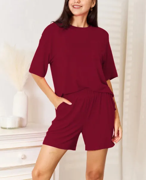 Women's Clothes Short Sleeve Shorts Suit Dark Red Qr27143 - Shop at LoveMi