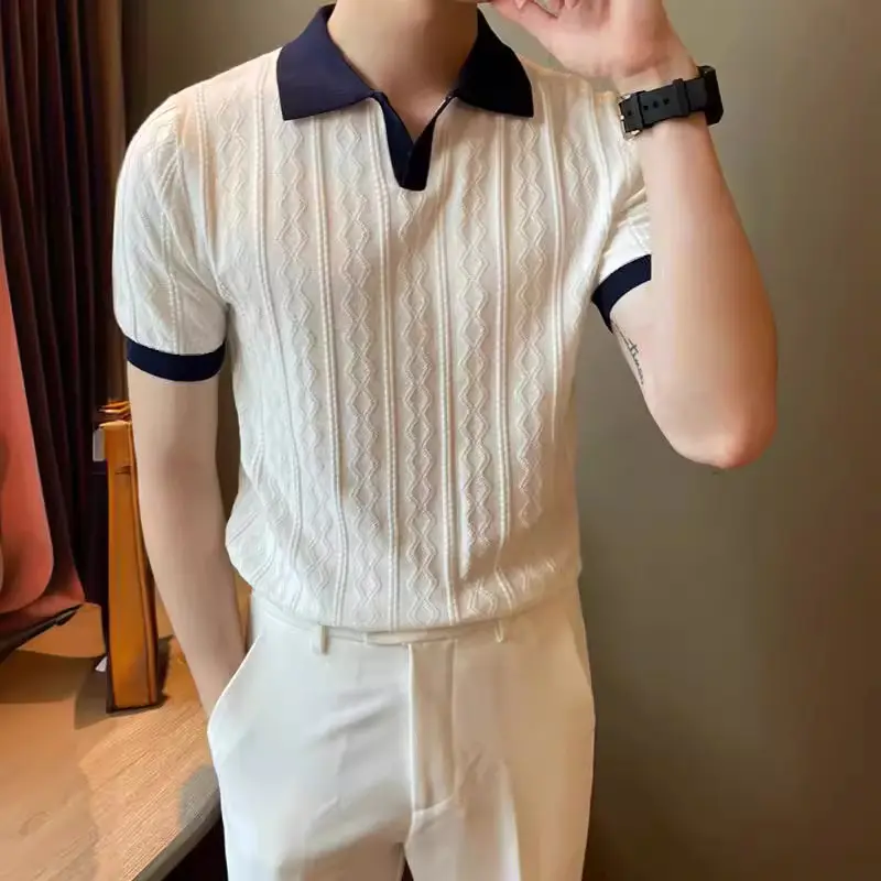 Trendy Men's Polo Shirt V Lapel Stretch