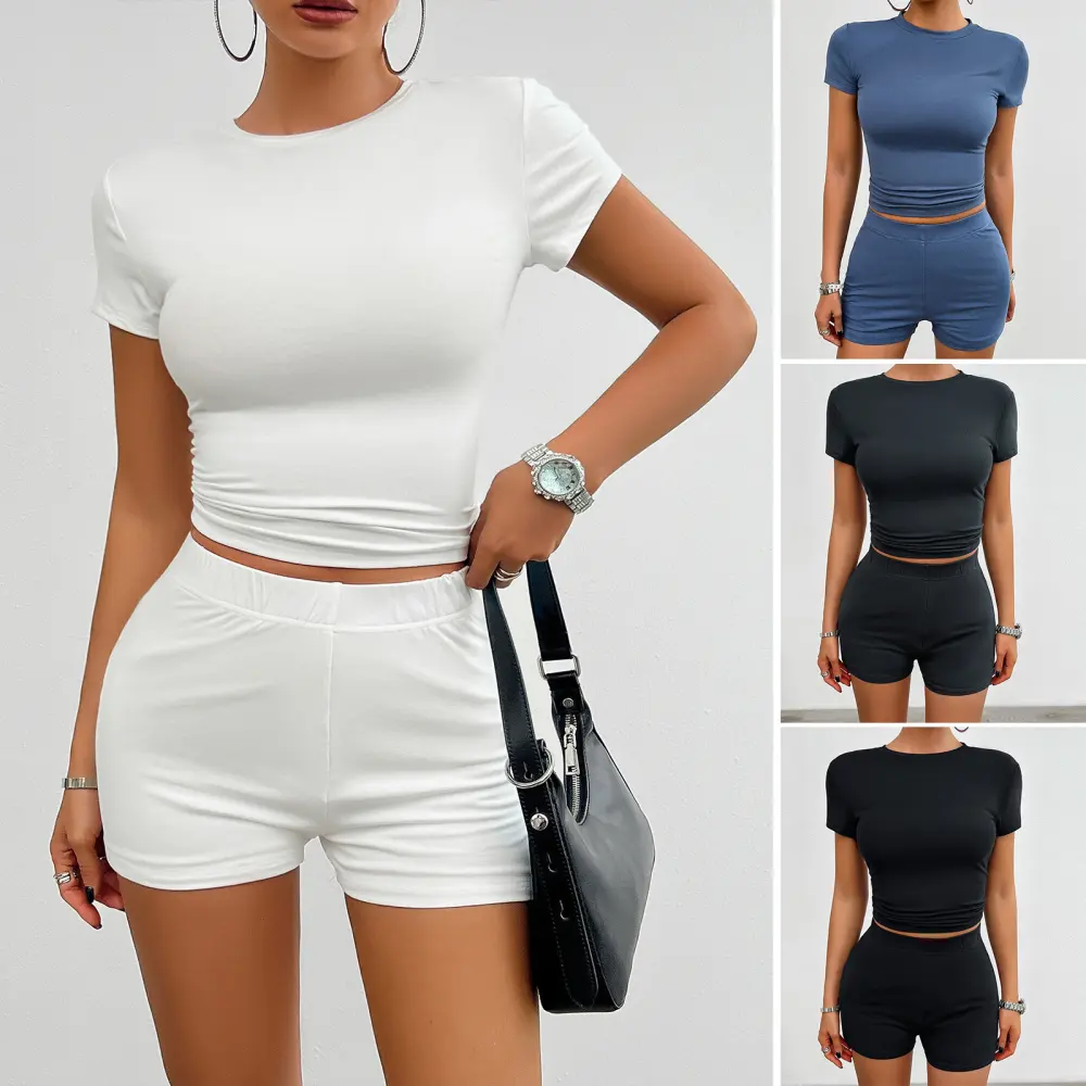 Solid Color Slim Sports Suit Summer 2Pcs Short-sleeved Round
