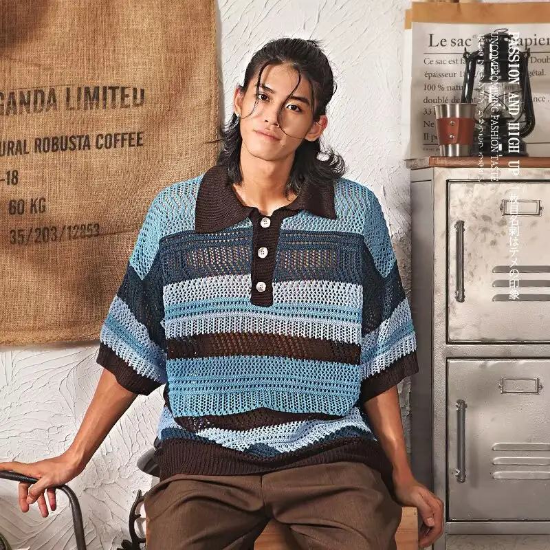 Color-block Striped Hollow-out Knit Retro Lapel T-shirt