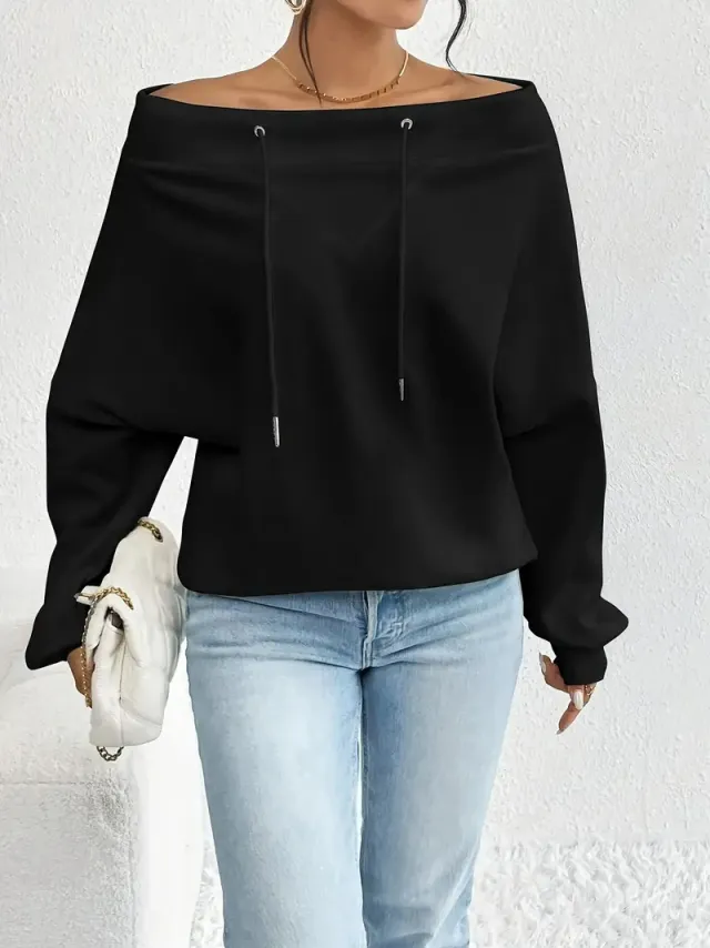 Women's Loose Casual Drawstring Off the shoulder Off shoulder Top Black - Shop at LoveMi