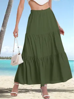 Women's Elastic High Waist Long Skirt Drawstring A- Line - Green - View 1