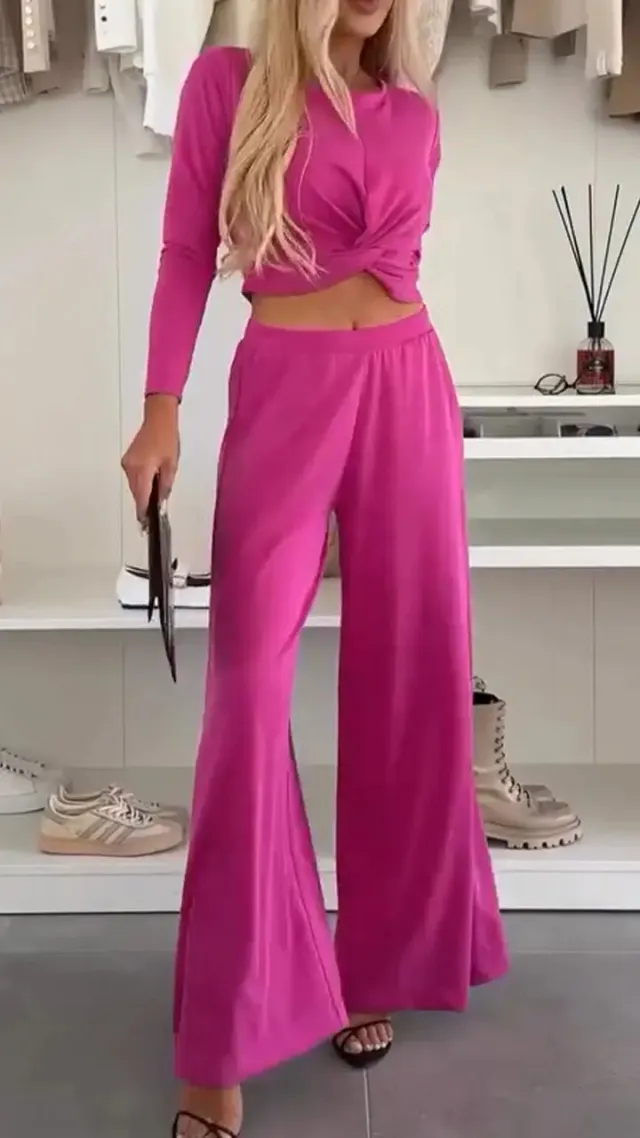 Solid Color O neck Short Top T shirt Wide Leg Pants Casual Suit Rose Red - Shop at LoveMi