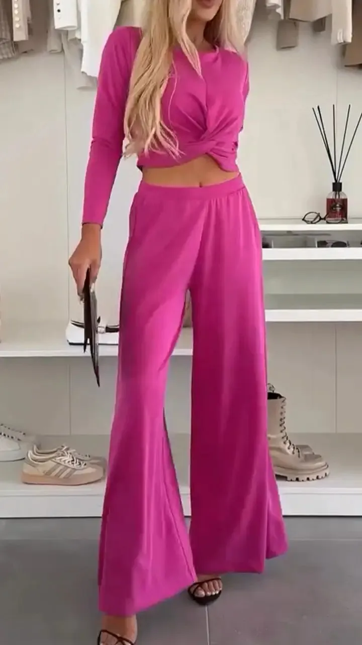 Solid Color O-neck Short Top T-shirt Wide Leg Pants Casual Suit - Rose Red