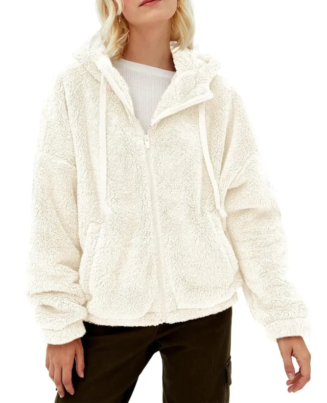 Casual And Comfortable Hooded Loose Zip Plush Pocket Sweatshirt White - Shop at LoveMi