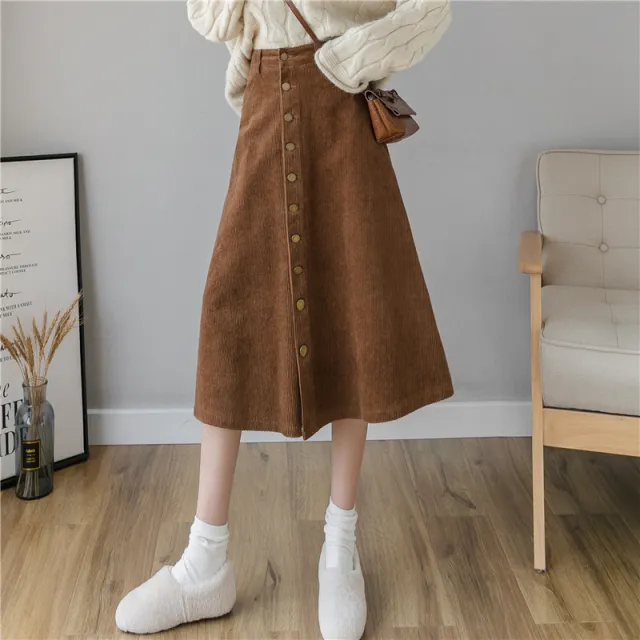 Corduroy Retro Fashion A Line Dress Midi Skirt Khaki - Shop at LoveMi