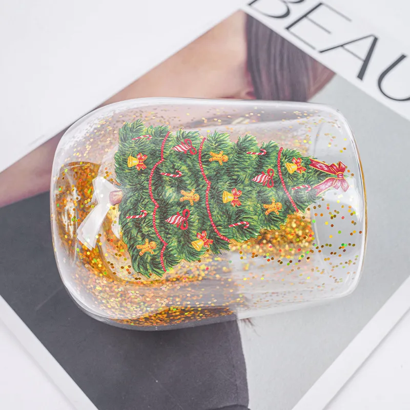 Christmas Tree Cups Heat Resistant Double Layer Flowing Sequins Christmas Cup Household Handwork Cartoon Christmas Trees Tumbler Kitchen Gadgets – image 5