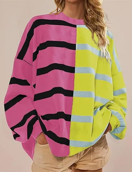 Striped Knitted Long sleeved Sweater For Women Pink - Shop at LoveMi