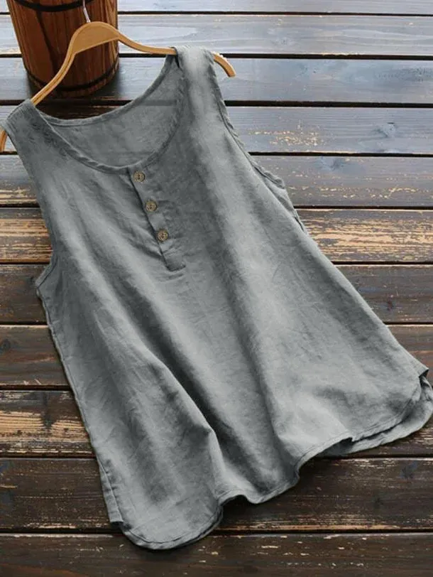 Solid Color Round Neck Loose Casual Vest Cotton Linen Shirt Women Gray - Shop at LoveMi