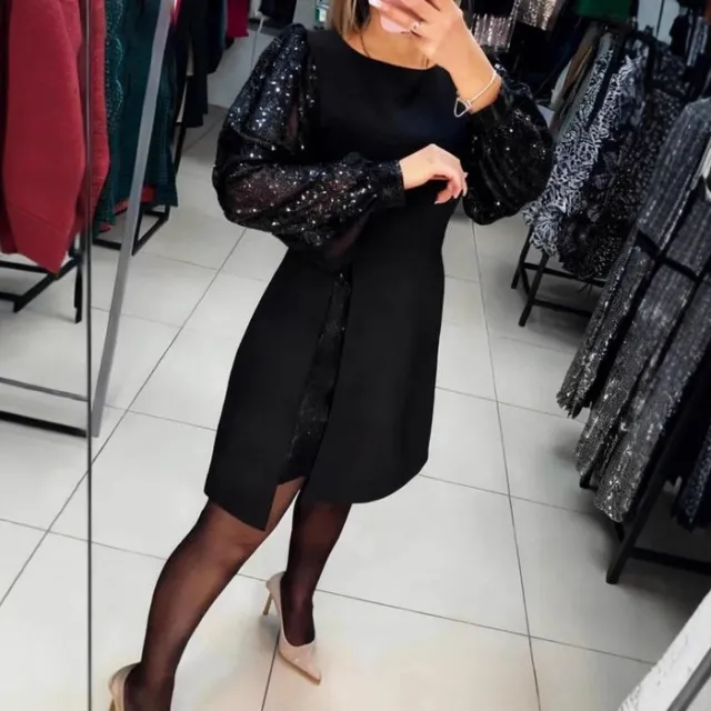 Women's Elegant Patchwork Sequin Puff Sleeve Short Dress Black - Shop at LoveMi