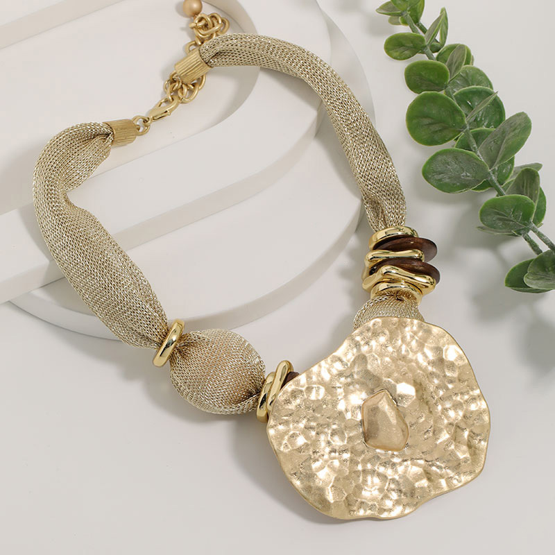 Womens Gold Mesh Chain Necklace With Hammered Pendant