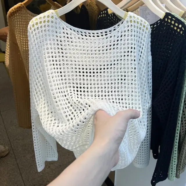 Sexy Pure Want To Wear Round Neck Long Sleeve Hollow Knitted Mesh Shirt White - Shop at LoveMi