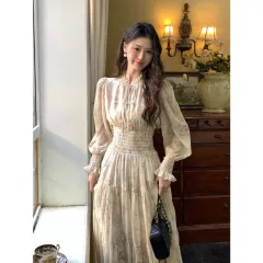 Women's French Floral Chiffon Long Waist Dress - Floral - View 1