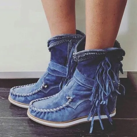 Solid Color Leather Tassel Women's Ankle Boots Blue - Shop at LoveMi