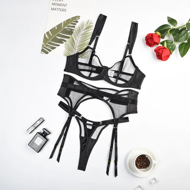 Sheer Mesh Women's Underwear Push Up Three piece Set With Steel Ring Black - Shop at LoveMi