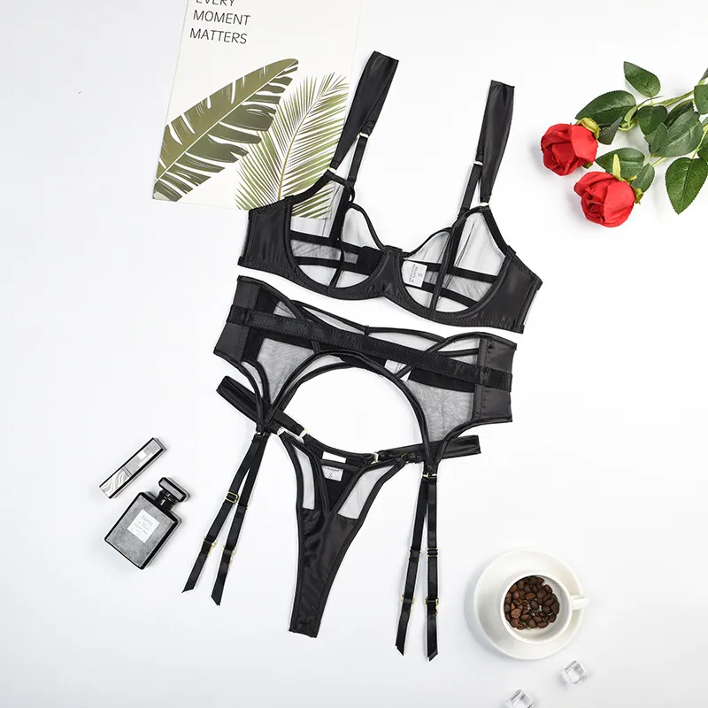 Sheer Mesh Women's Underwear Push Up Three-piece Set With Steel Ring - Black