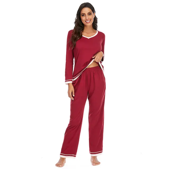 Women's Pajamas Long sleeved Trousers Home Wear Two piece Set Wine Red - Shop at LoveMi