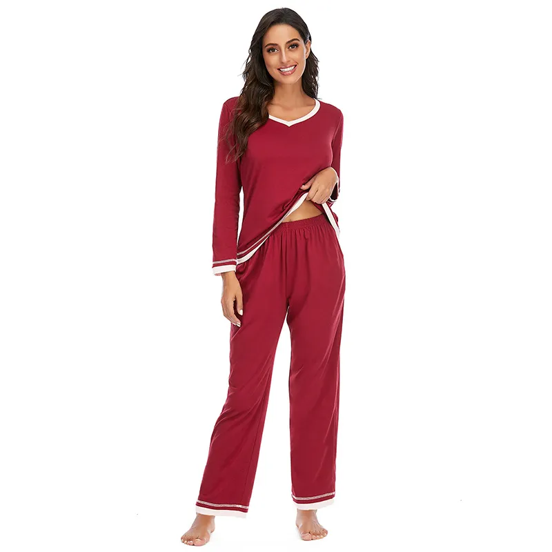 Women's Pajamas Long-sleeved Trousers Home Wear Two-piece Set - Wine Red