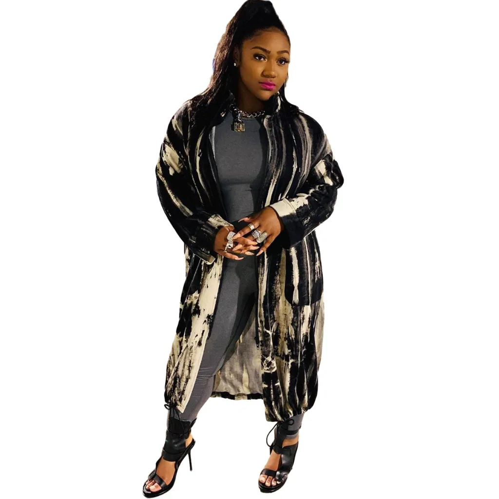 Women's Long Casual Printed Zipper Trench Coat - Black