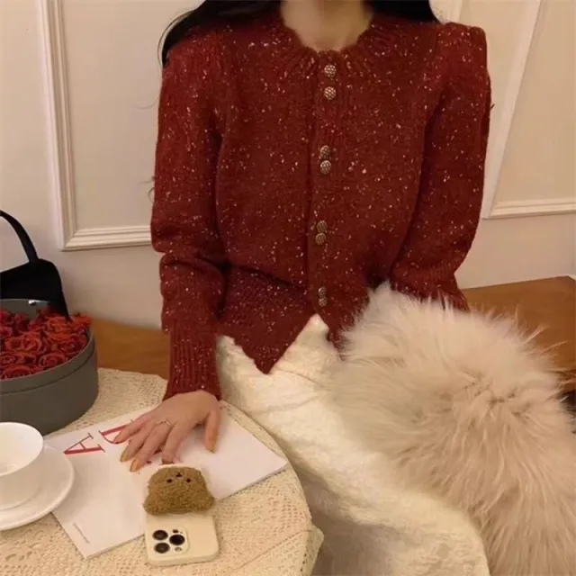Women's Fashion Sweet Fashionable Round Neck Knitted Cardigan Jacket Red - Shop at LoveMi
