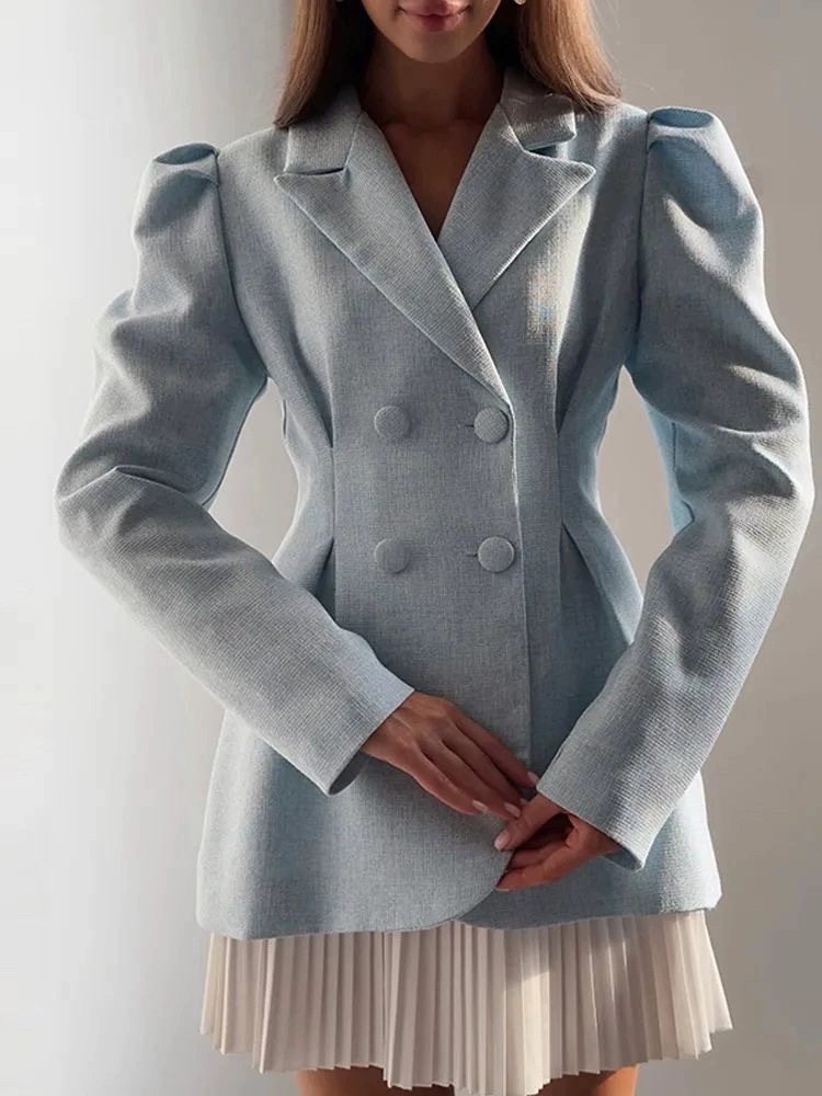 Breasted Puff Sleeve Suit Jacket And Skirt Suit