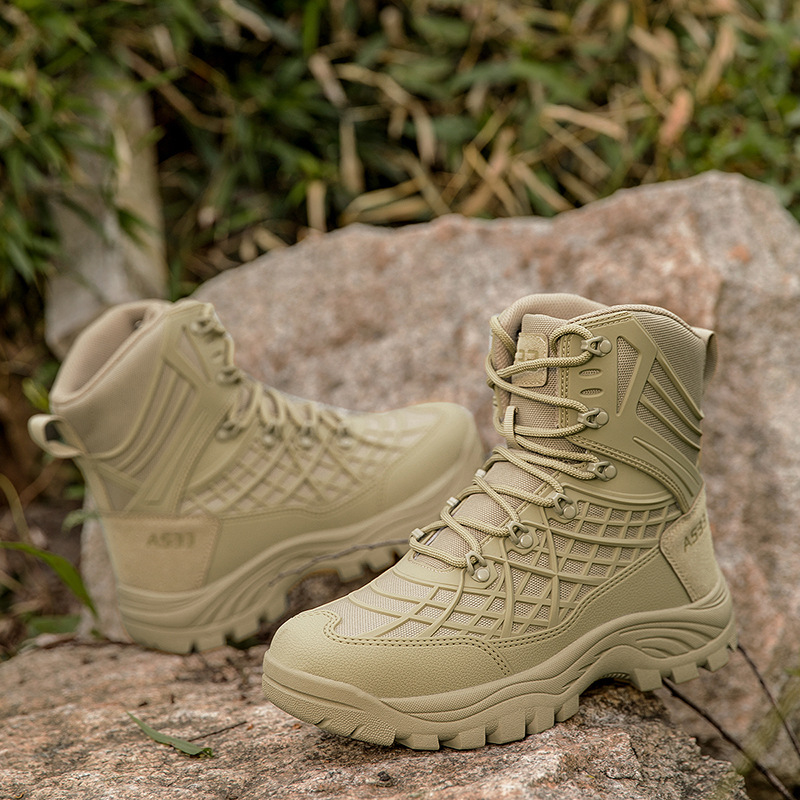 Men's Mid-Cut Tactical Boots Front Lace-Up Waterproof Non-Slip Rubber Sole Military Combat Shoes