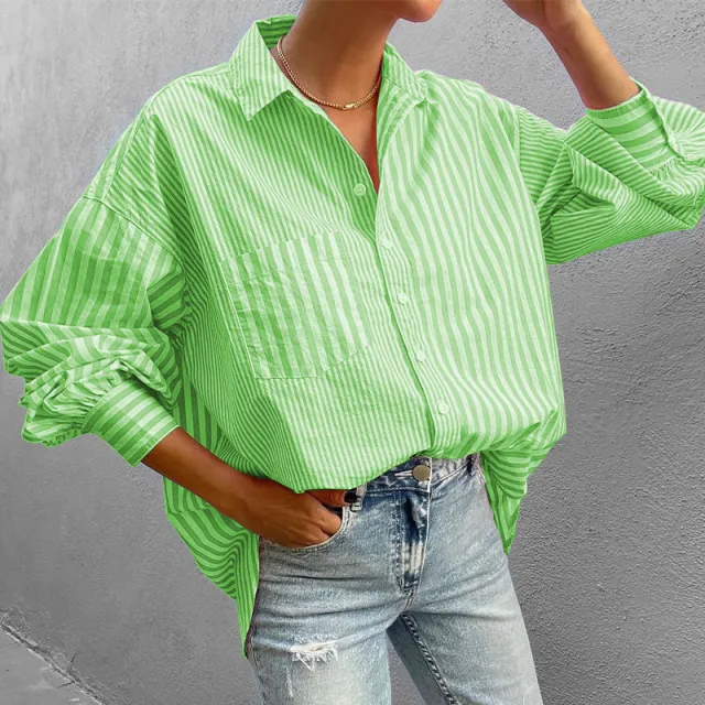 Women's Clothing Fashion Temperament Lapel Loose Long Sleeve Striped Shirt Green - Shop at LoveMi