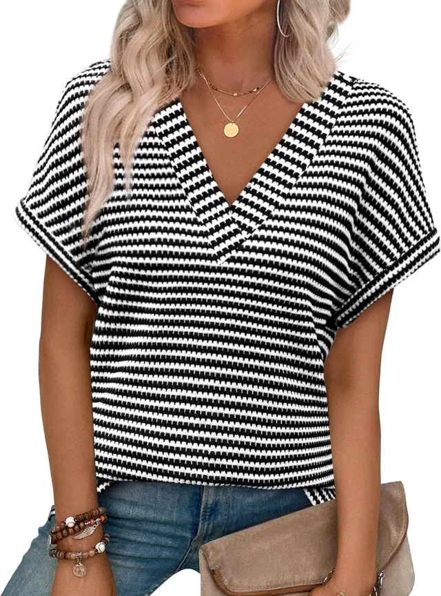 Casual Striped Textured Short Sleeve Arrival V Neck Knitted T Shirt Pineapple Flower Black Stripes - Shop at LoveMi
