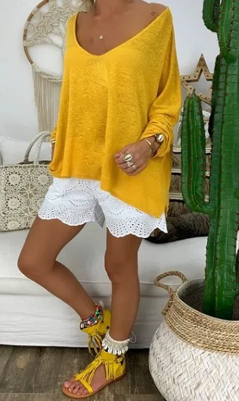 European And American Women's Clothing Solid Color Plus Size Versatile Loose Long Sleeves T shirt Yellow - Shop at LoveMi