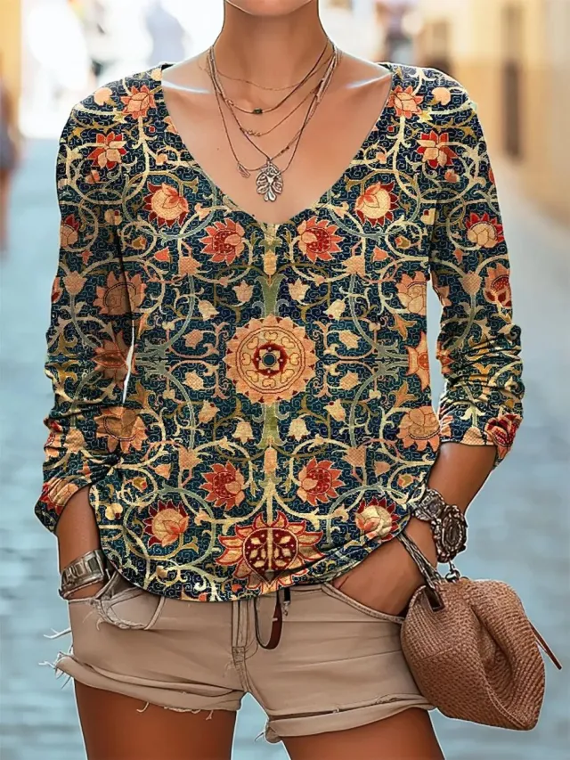 Casual V neck Long Sleeve Regular Pullover Digital Printing Women's Top 03Color L - Shop at LoveMi