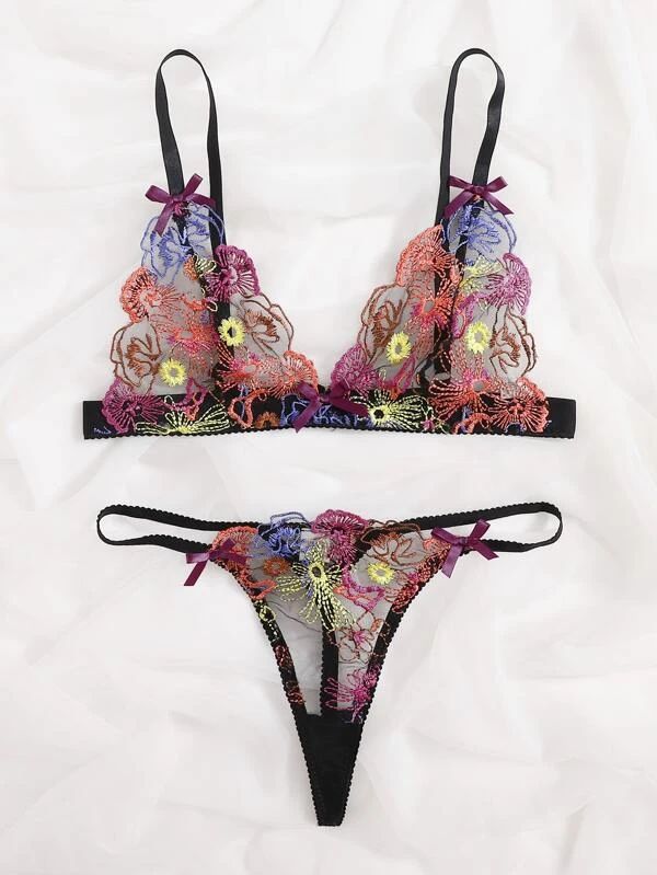 Sexy Womens Colorful Embroidered Three-Piece Lingerie Set