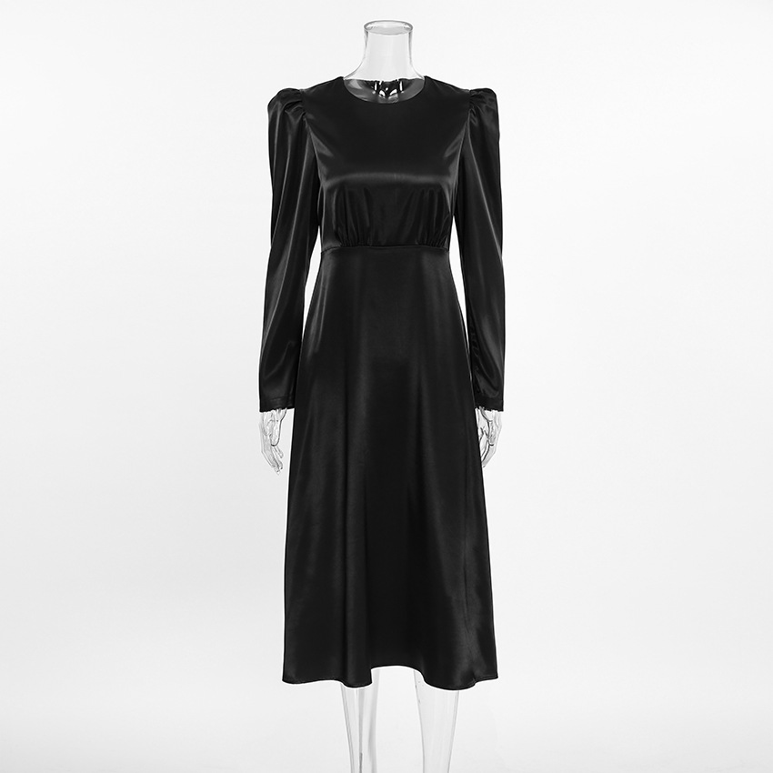 Title 7, Satin Round Neck Puff Sleeve Dress