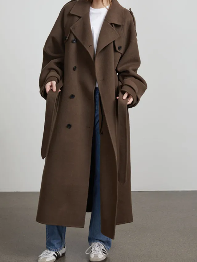 Women's Clothing Temperament Pure Color Lapel Long cut Coat Brown - Shop at LoveMi