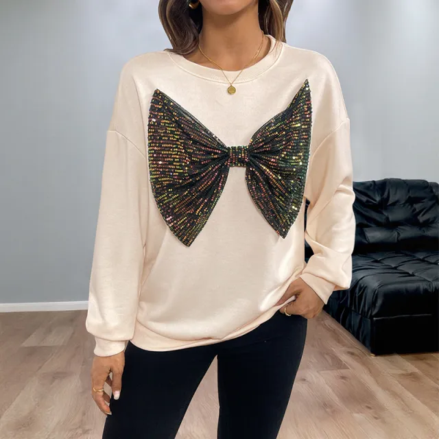 Sequined Bow Crew Neck Pullover Sweatshirt Women Apricot - Shop at LoveMi