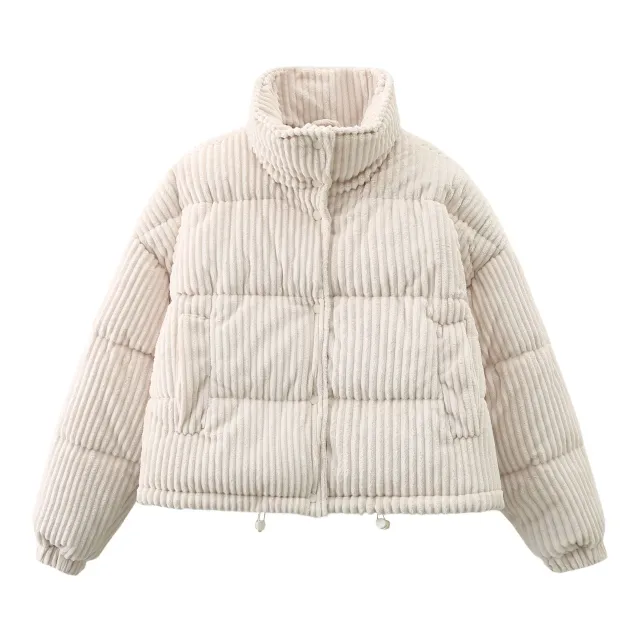 Warm Corduroy Puffer Jacket Coat Short Loose Cotton Coat Milky White - Shop at LoveMi