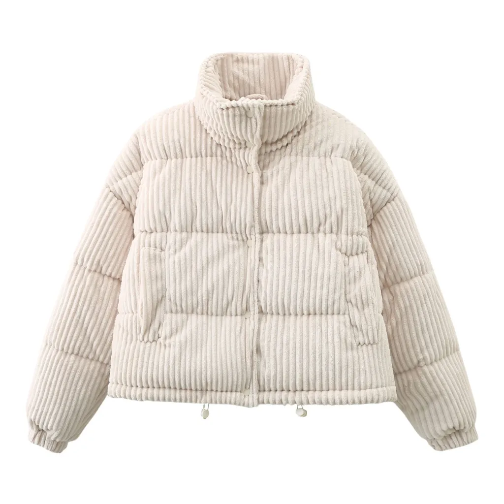 Warm Corduroy Puffer Jacket Coat Short Loose Cotton Coat - Milky White