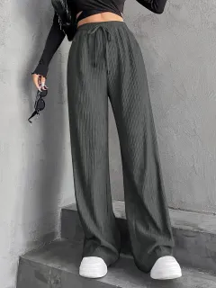 New Women's Elastic Waist Pinstripe Road Straight Wide Leg - Grey - View 1