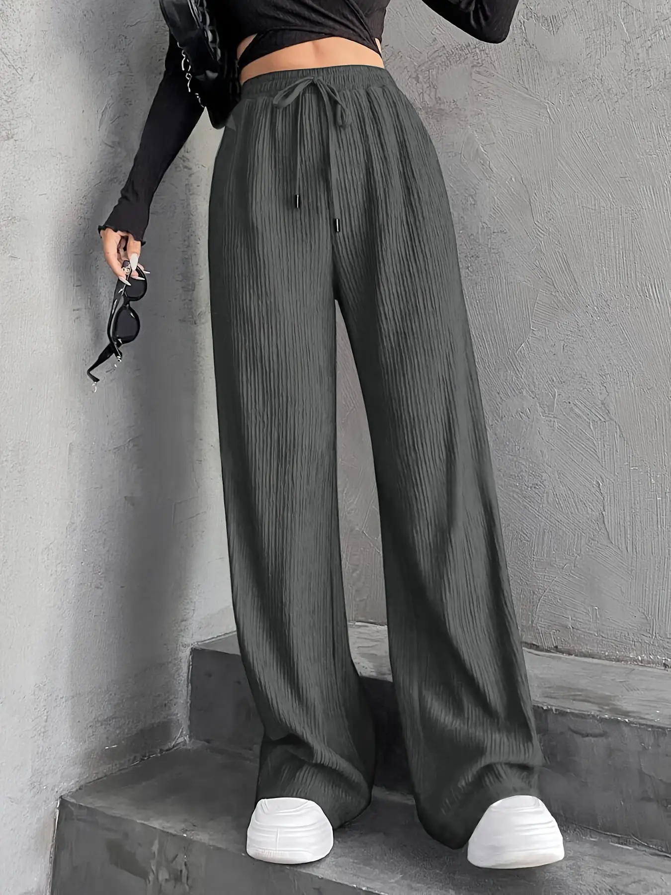 New Women's Elastic Waist Pinstripe Road Straight Wide Leg